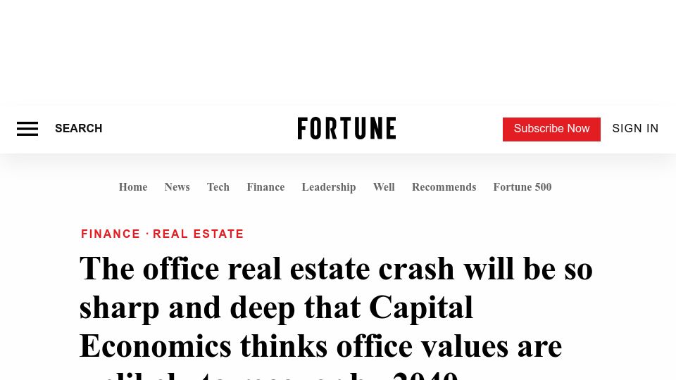 Screenshot of fortune.com: Office real estate crash will be so sharp, values unlikely to recover by 2040