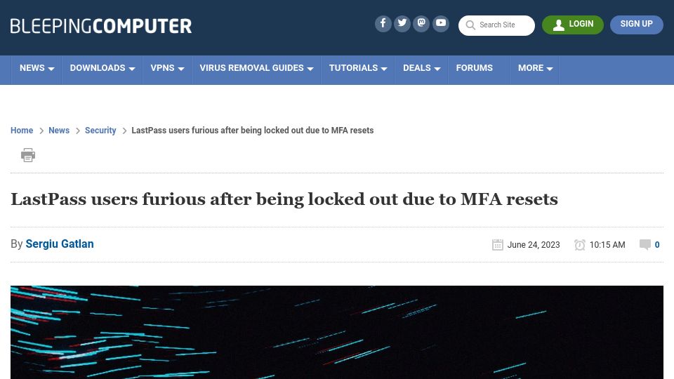 Screenshot of bleepingcomputer.com: LastPass users locked out due to MFA resets