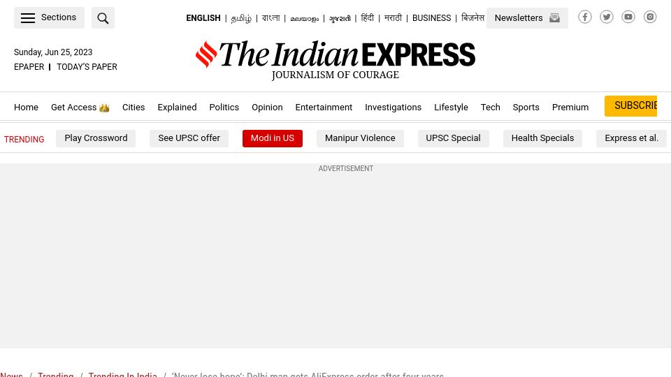 Screenshot of indianexpress.com: Delhi man gets AliExpress order after four years