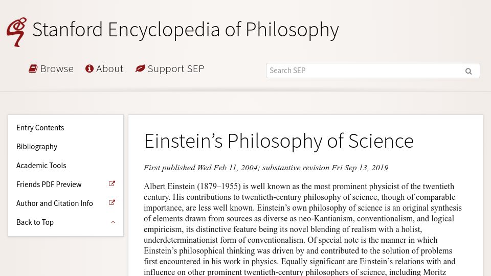 Screenshot of plato.stanford.edu: Einstein's Philosophy of Science (2019)
