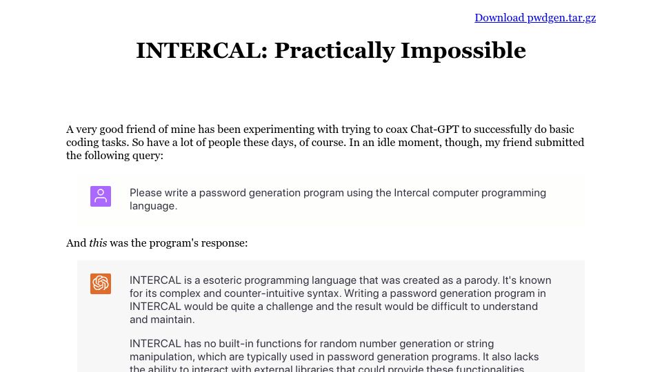 Screenshot of muppetlabs.com: INTERCAL: Practically impossible