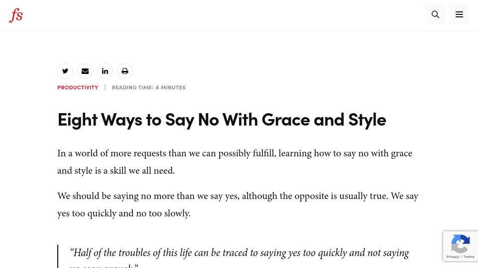 Screenshot of fs.blog: Ways to say no with grace and style (2021)