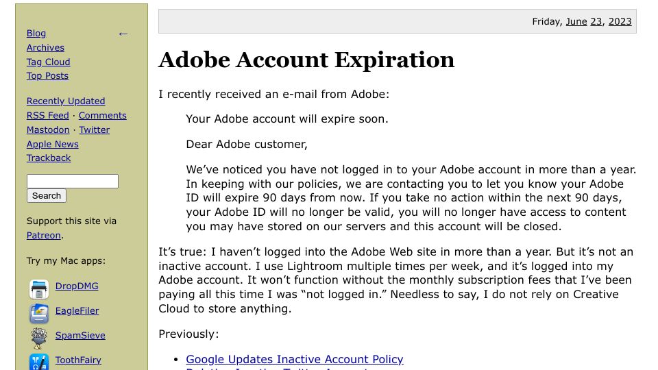 Screenshot of mjtsai.com: Adobe Account Expiration