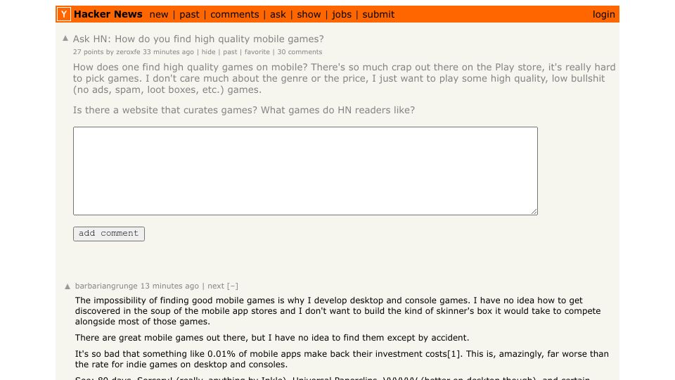 Screenshot of Hacker News post: Ask HN: How do you find high quality mobile games?