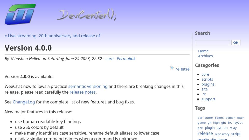 Screenshot of blog.weechat.org: WeeChat 4