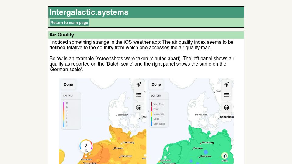 Screenshot of intergalactic.systems: Air quality reporting on iOS