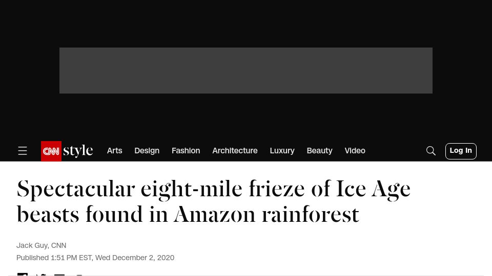 Screenshot of cnn.com: Eight-mile frieze of Ice Age beasts found in Amazon rainforest (2020)