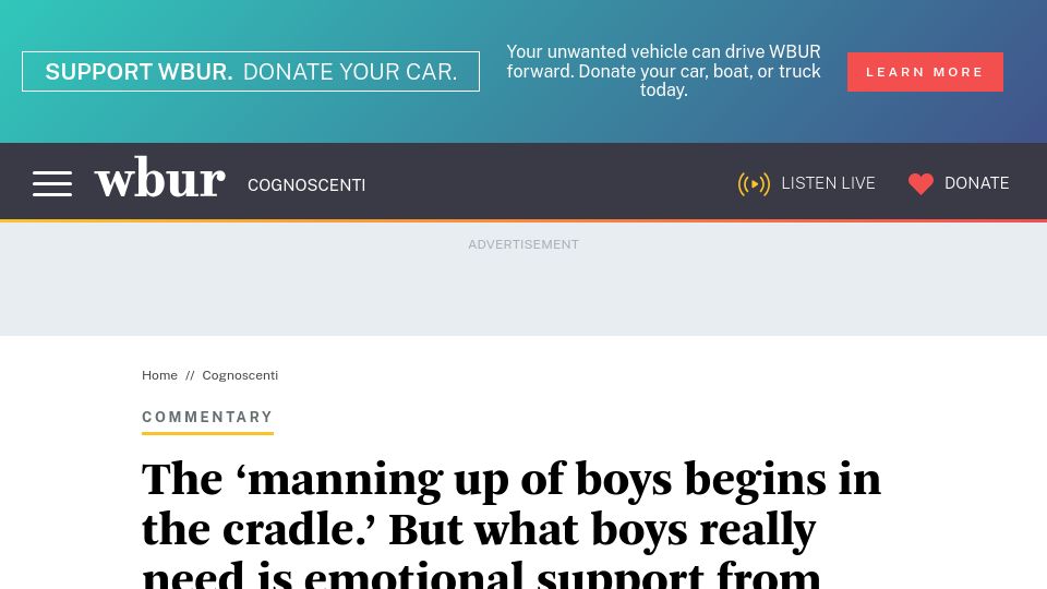 Screenshot of wbur.org: Ignoring boys' emotional needs fuels public health risks
