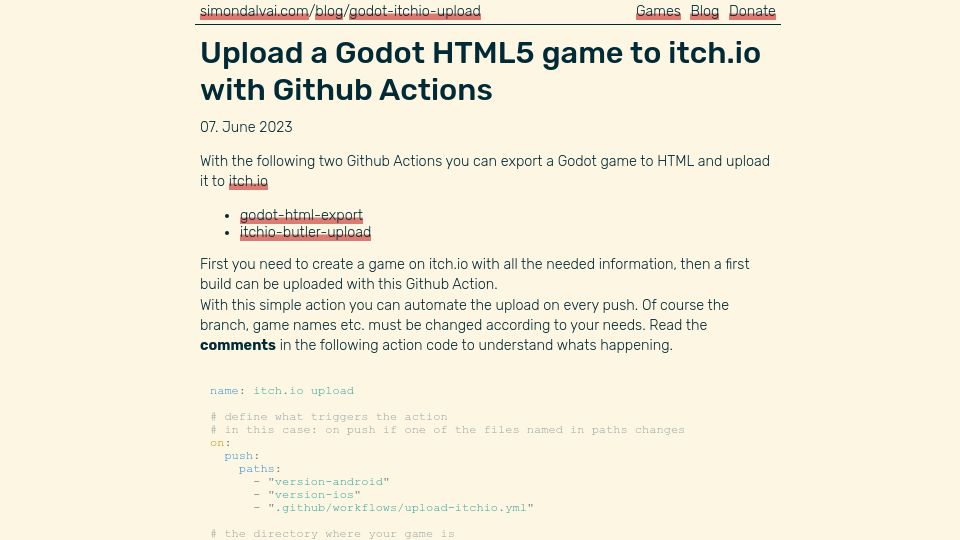 Screenshot of simondalvai.com: Upload a Godot HTML5 Game to Itch.io with GitHub Actions