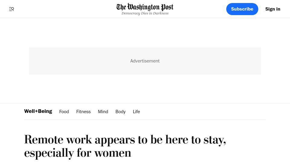 Screenshot of washingtonpost.com: Remote work appears to be here to stay, especially for women