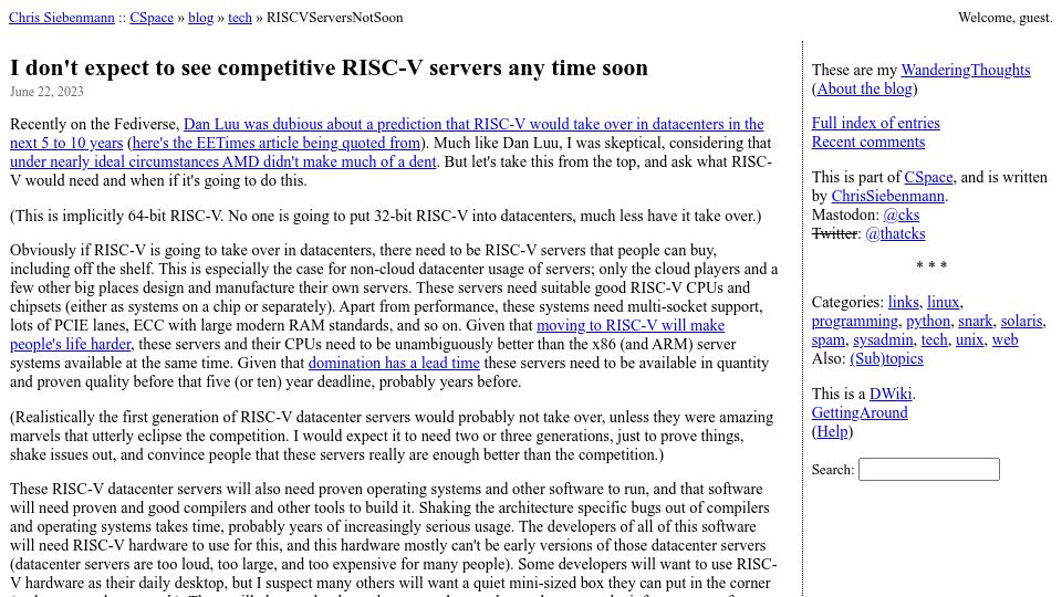Screenshot of utcc.utoronto.ca: I don't expect to see competitive RISC-V servers any time soon