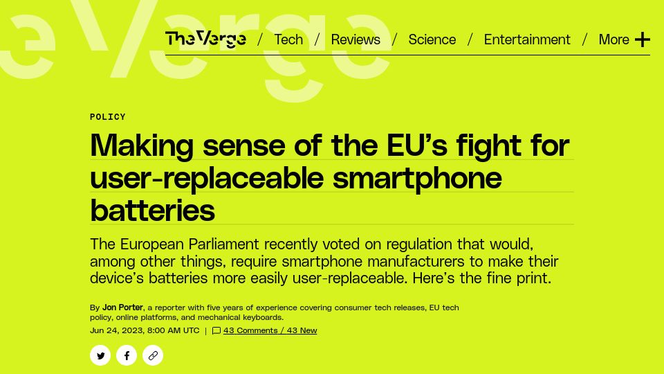 Screenshot of theverge.com: The EU’s fight for user-replaceable smartphone batteries