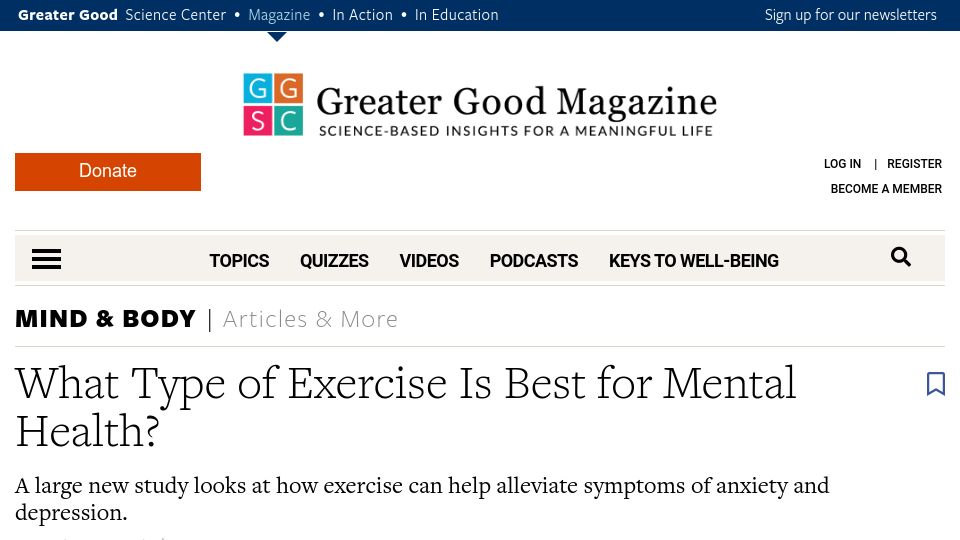 Screenshot of greatergood.berkeley.edu: A new study looks at how exercise can help alleviate anxiety and depression