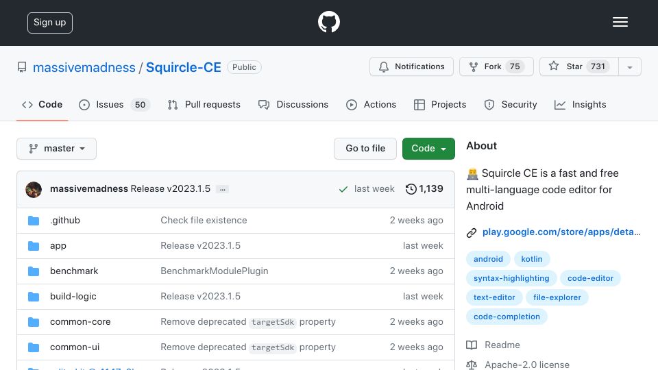 Screenshot of github.com: Fast and free multi-language code editor for Android