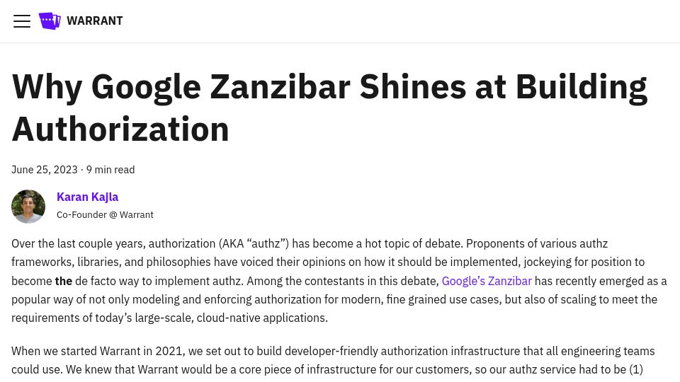 Screenshot of blog.warrant.dev: Why Google Zanzibar shines at building authorization