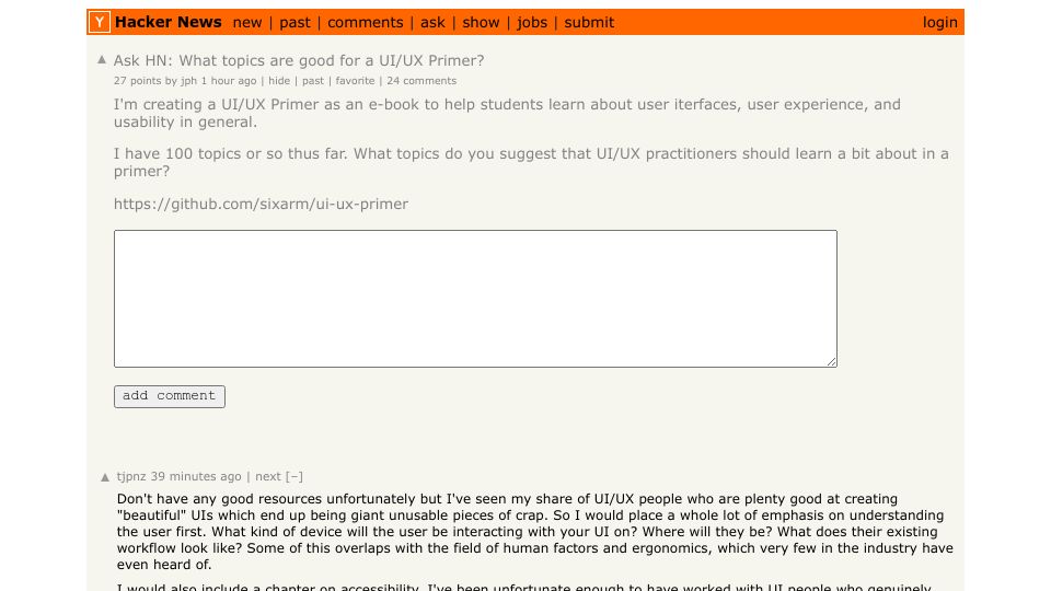Screenshot of Hacker News post: Ask HN: What topics are good for a UI/UX Primer?