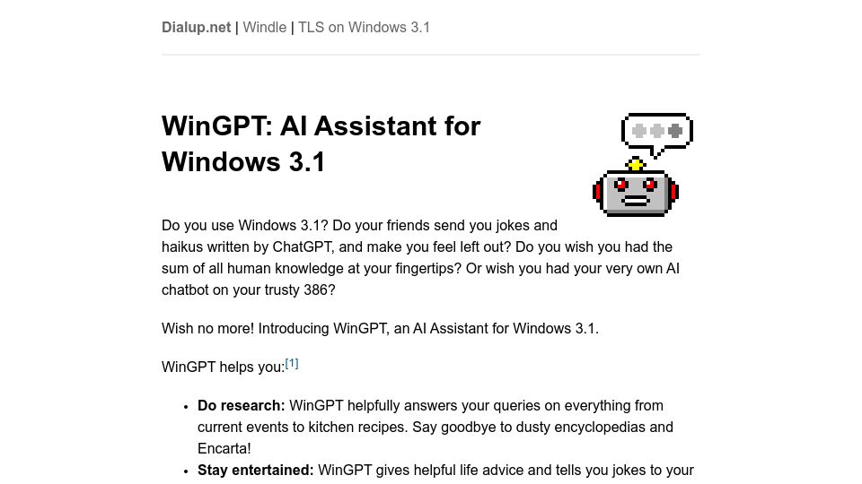 Screenshot of dialup.net: Show HN: WinGPT – AI assistant for Windows 3.1