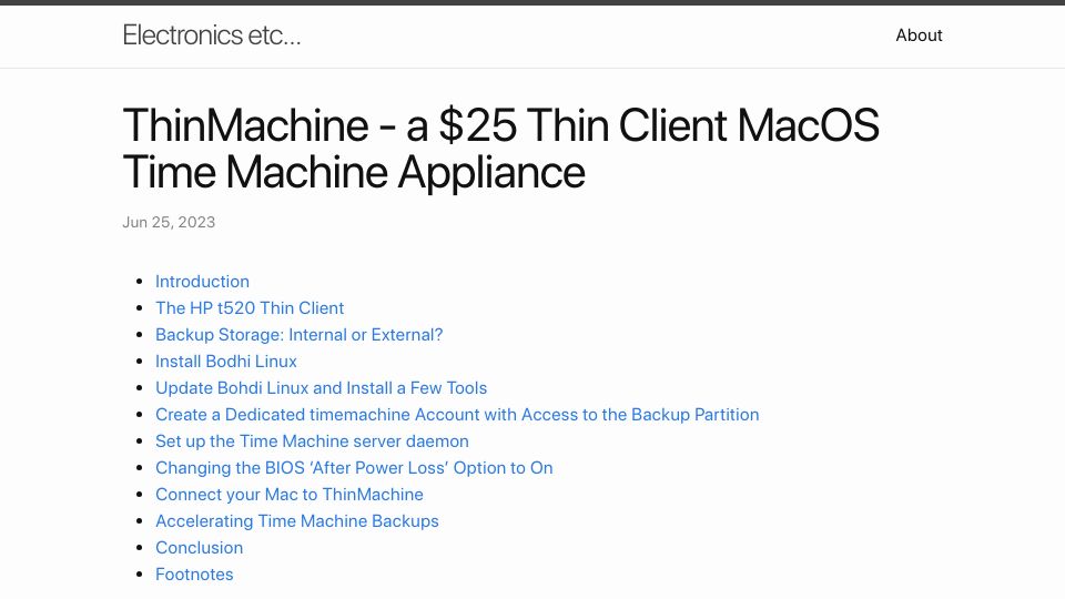 Screenshot of tomverbeure.github.io: ThinMachine – A $25 thin client macOS Time Machine appliance