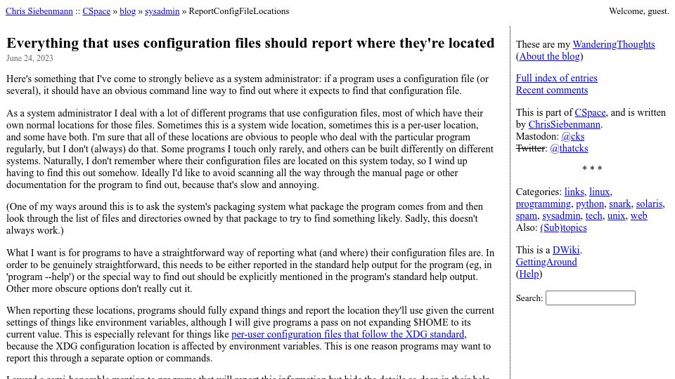 Screenshot of utcc.utoronto.ca: Everything that uses configuration files should report where they're located