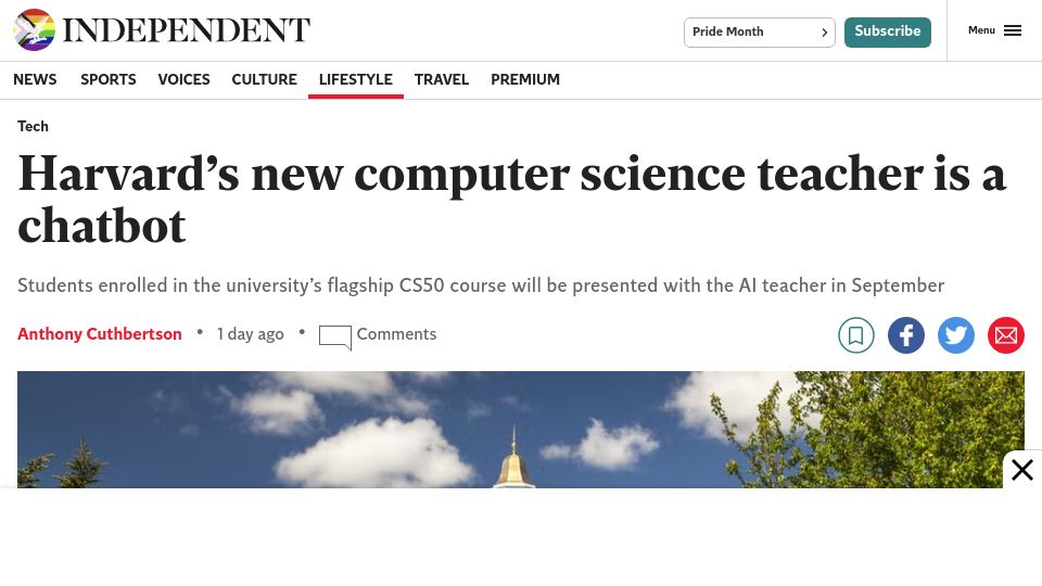 Screenshot of independent.co.uk: Harvard’s new computer science teacher is a chatbot