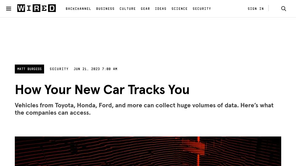 Screenshot of wired.com: How the most popular cars in the US track drivers