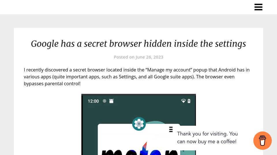 Screenshot of matan-h.com: Google has a secret browser hidden inside the settings