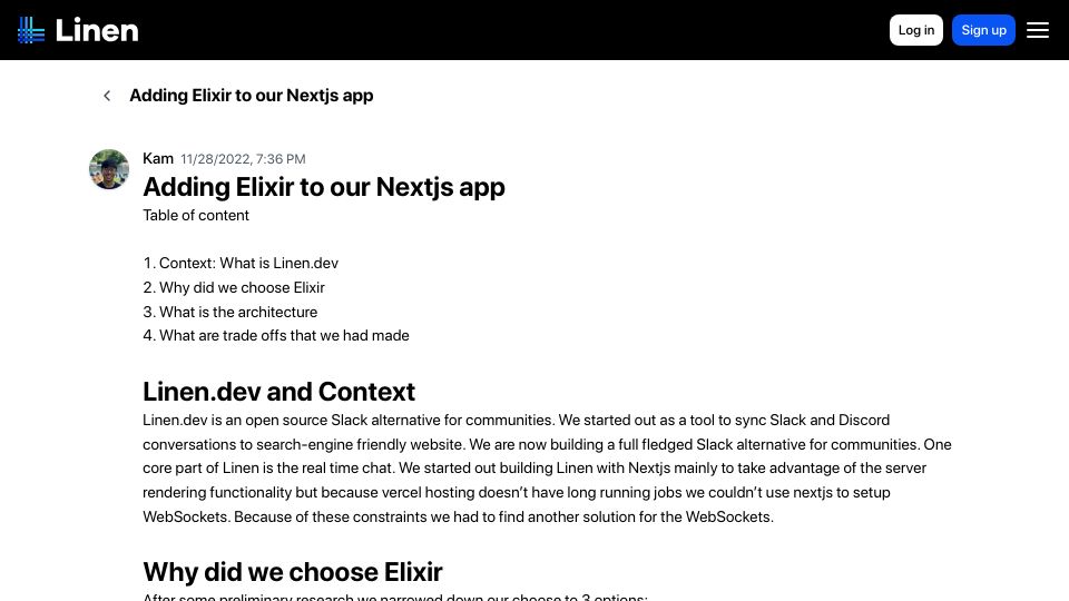 Screenshot of linen.dev: Linen.dev – Adding Elixir to our Nextjs app