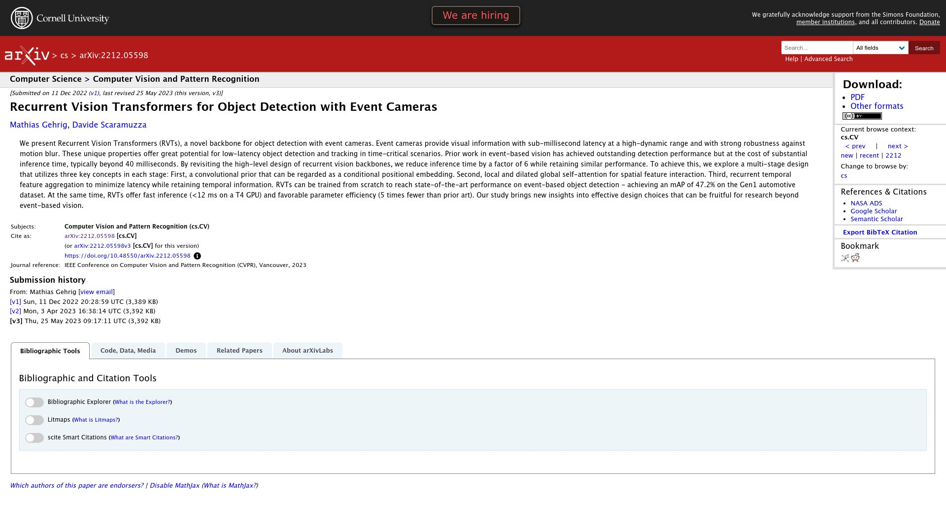 Screenshot of arxiv.org: Recurrent Vision Transformers for Object Detection with Event Cameras