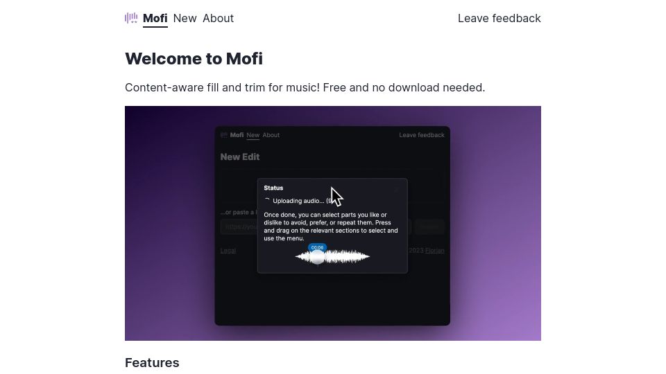 Screenshot of mofi.loud.red: Show HN: Mofi – Content-aware fill for audio to change a song to any duration