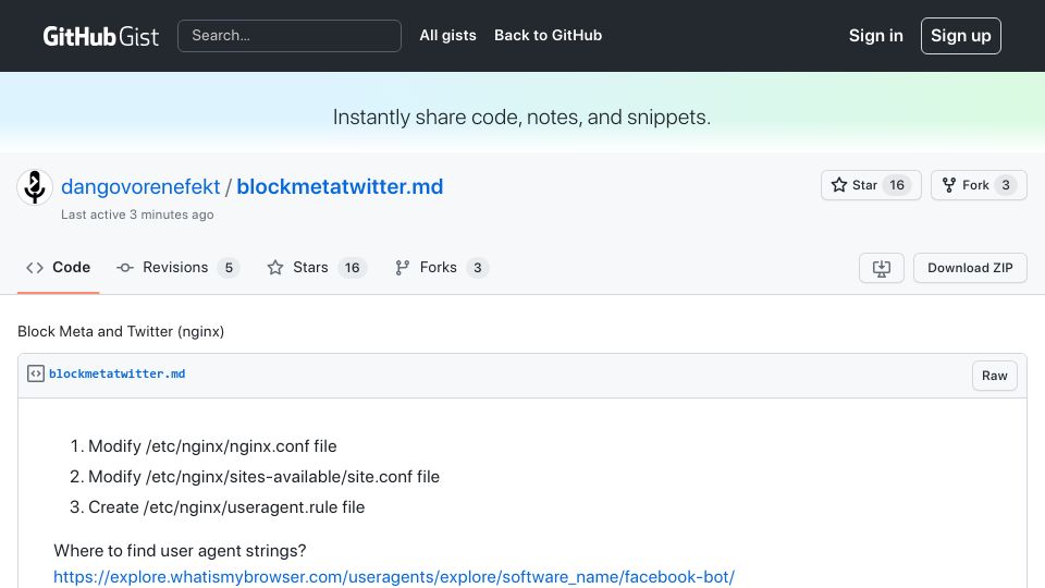 Screenshot of gist.github.com: Using Nginx to block Meta, Twitter and ChatGPT access to your sites