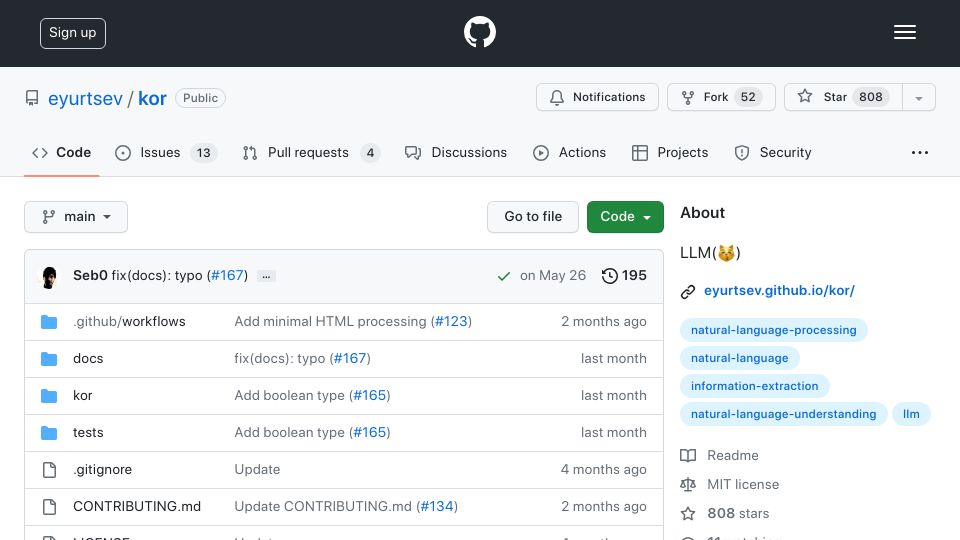 Screenshot of github.com: Kor: a half-baked prototype that "helps" you extract structured data using LLMs