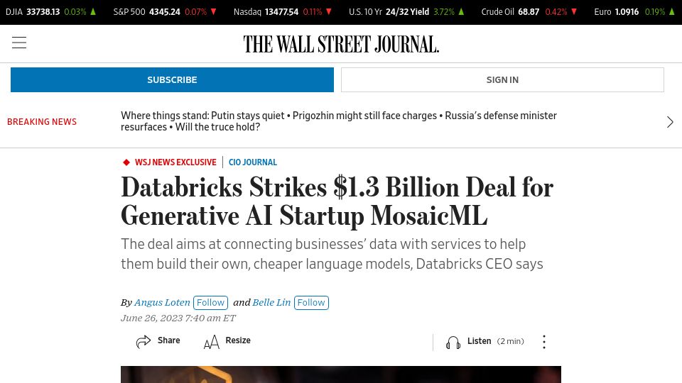 Screenshot of wsj.com: Databricks Strikes $1.3B Deal for Generative AI Startup MosaicML