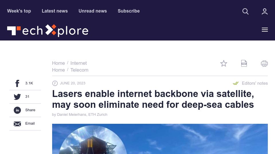 Screenshot of techxplore.com: Lasers enable satellite internet backbone, might remove need for deep-sea cables