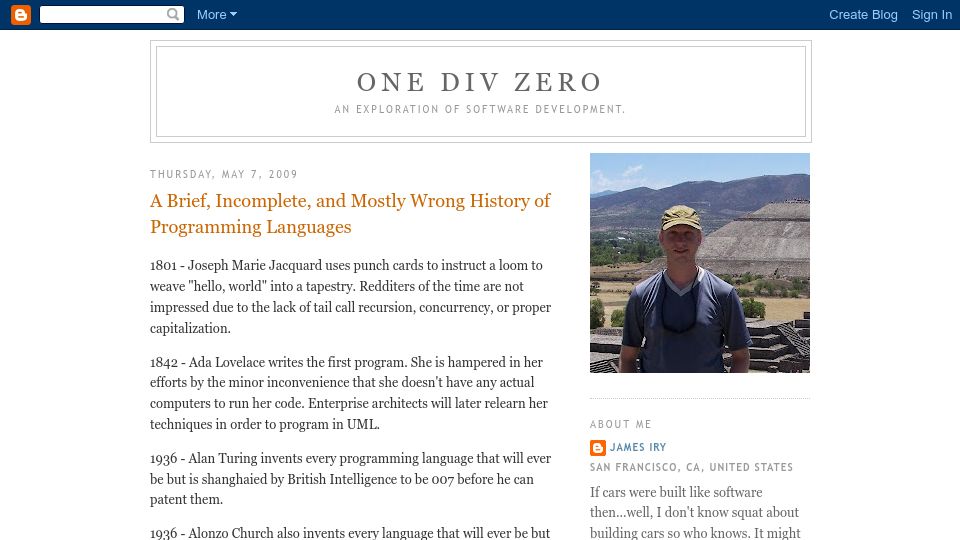 Screenshot of james-iry.blogspot.com: A brief, incomplete, and mostly wrong history of programming languages (2009)