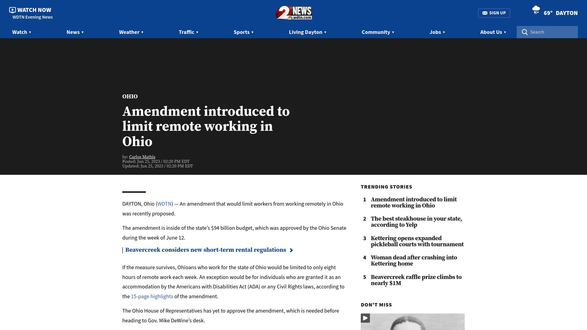 Screenshot of wdtn.com: Amendment introduced to limit remote working in Ohio