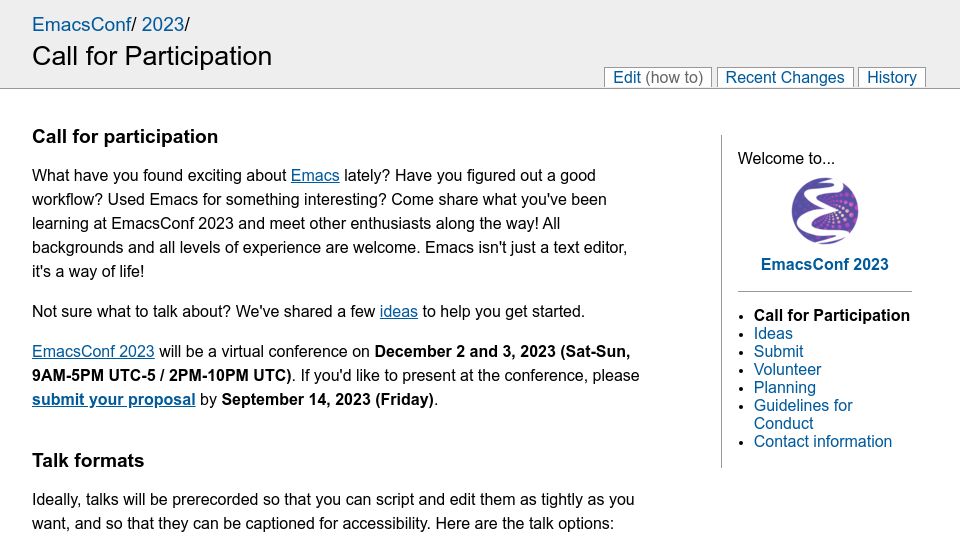 Screenshot of emacsconf.org: EmacsConf 2023 Call for Participation