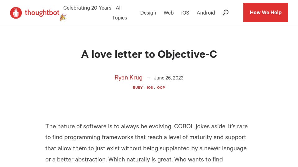 Screenshot of thoughtbot.com: A love letter to Objective-C