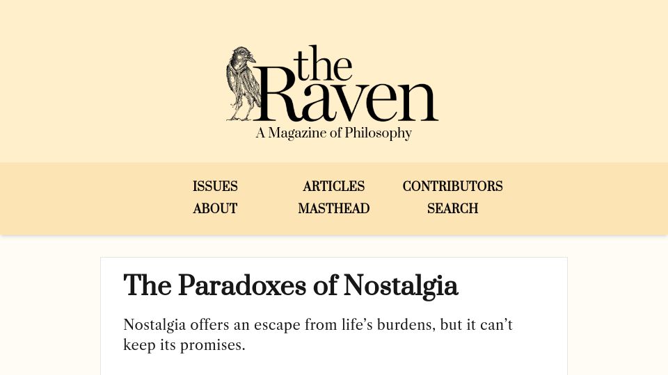 Screenshot of ravenmagazine.org: The Paradoxes of Nostalgia