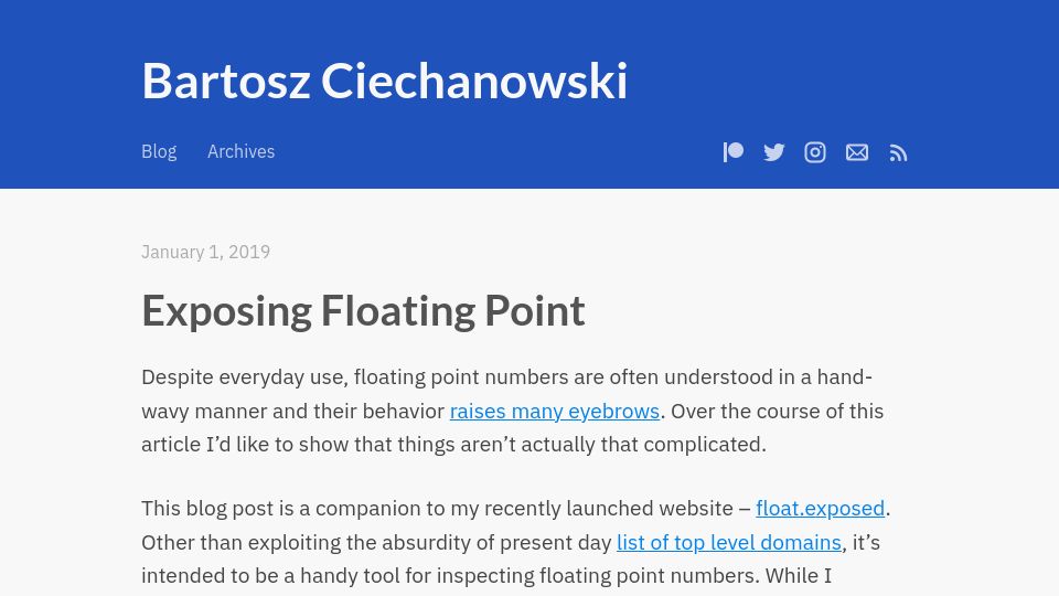Screenshot of ciechanow.ski: Exposing Floating Point (2019)