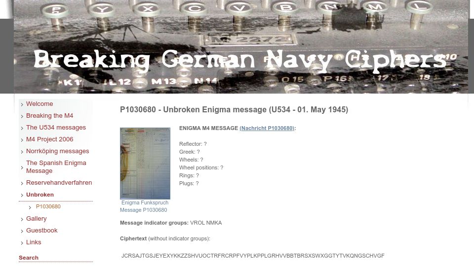 Screenshot of enigma.hoerenberg.com: P1030680: Unbroken Enigma message (U534, 01 May 1945)
