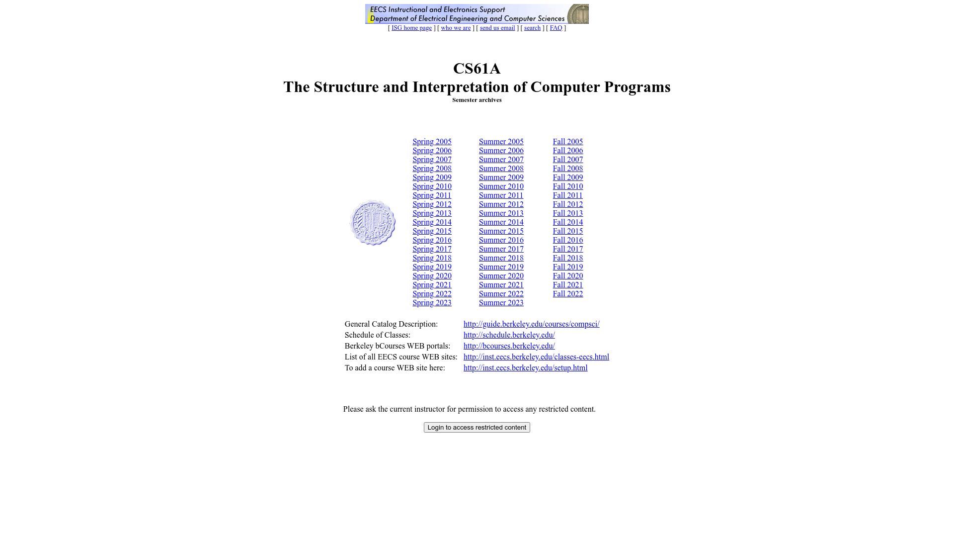Screenshot of inst.eecs.berkeley.edu: CS61A: The Structure and Interpretation of Computer Programs