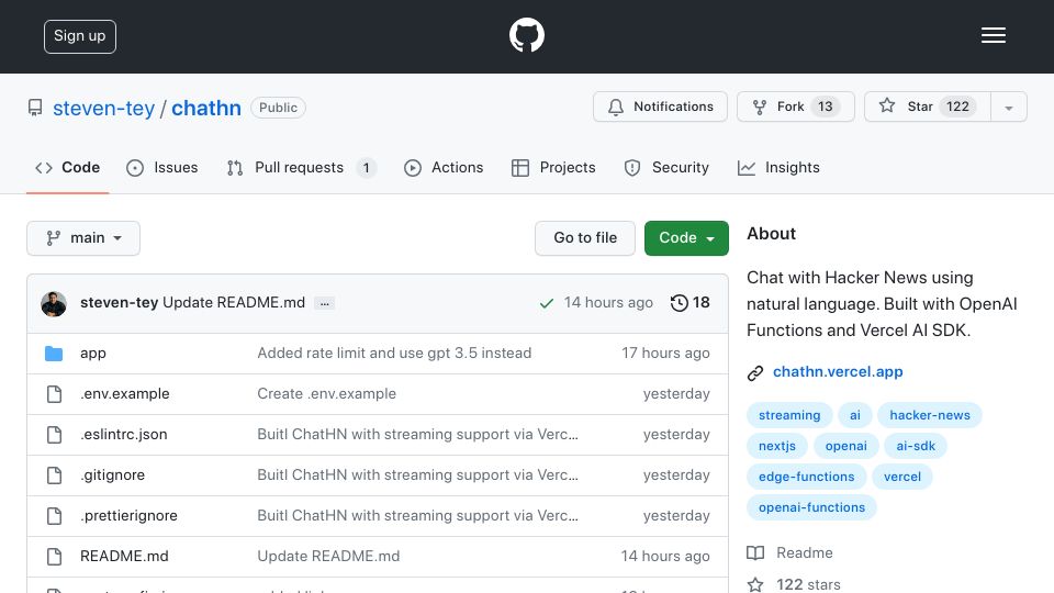 Screenshot of github.com: ChatHN: Chat with Hacker News using OpenAI function calling