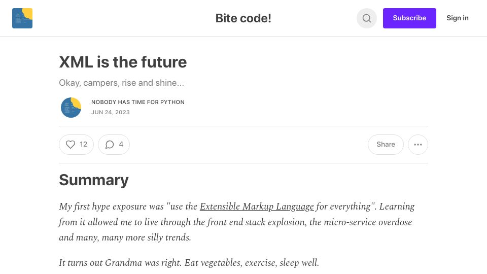 Screenshot of bitecode.dev: XML is the future