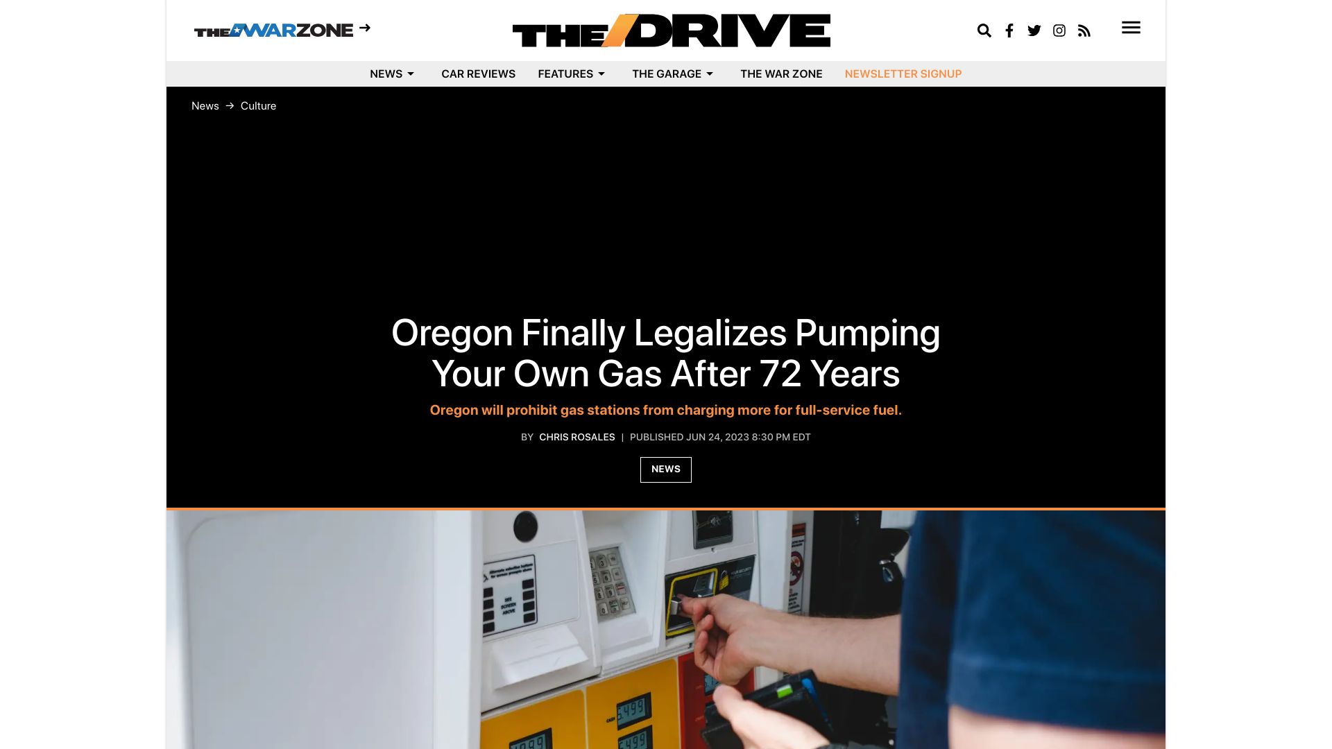 Screenshot of thedrive.com: Oregon finally legalizes pumping your own gas