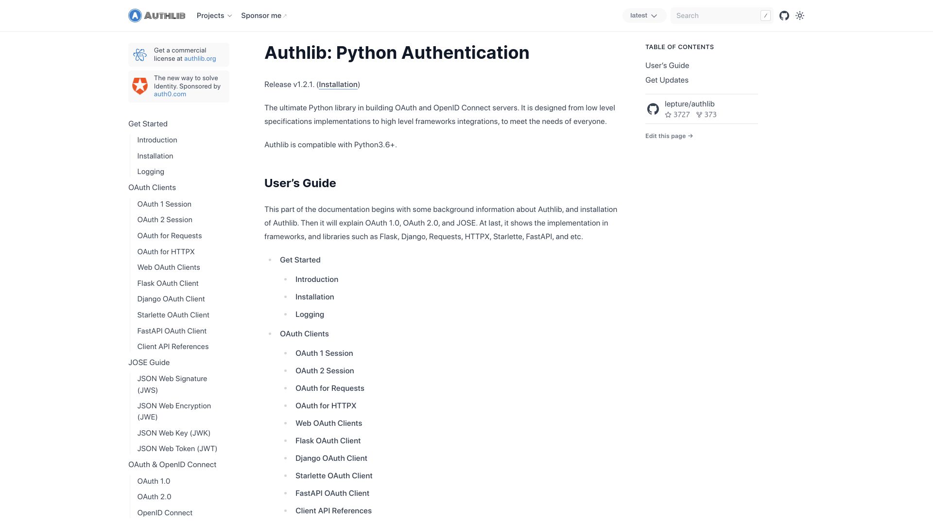 Screenshot of docs.authlib.org: Authlib: Python Authentication