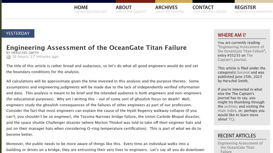 Screenshot of captainsjournal.com: Engineering assessment of the OceanGate Titan failure
