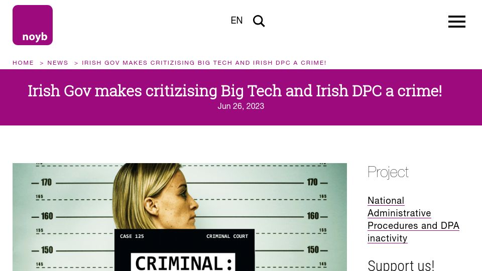 Screenshot of noyb.eu: Irish Gov Makes Critizising Big Tech and Irish DPC a Crime