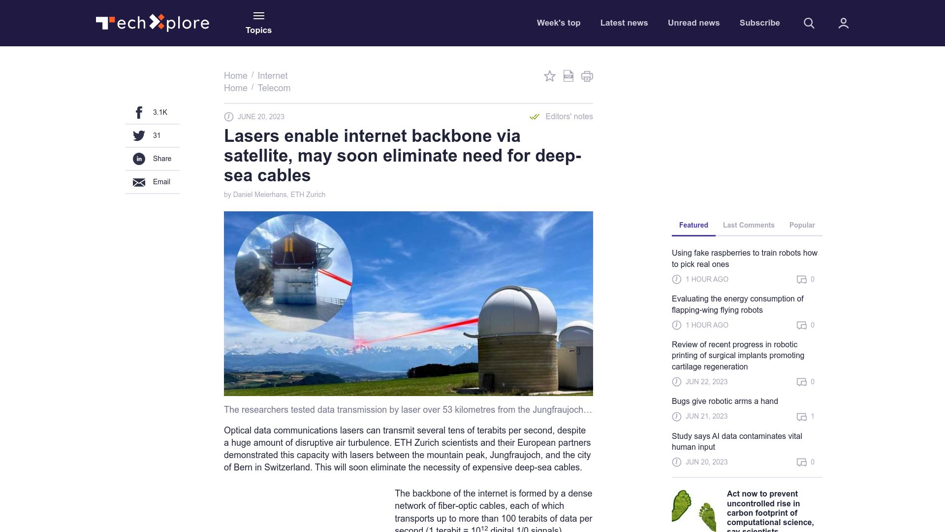 Screenshot of techxplore.com: Lasers enable satellite internet backbone, might remove need for deep-sea cables