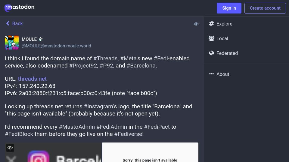 Screenshot of mastodon.moule.world: FediBlock Meta's new Threads domain