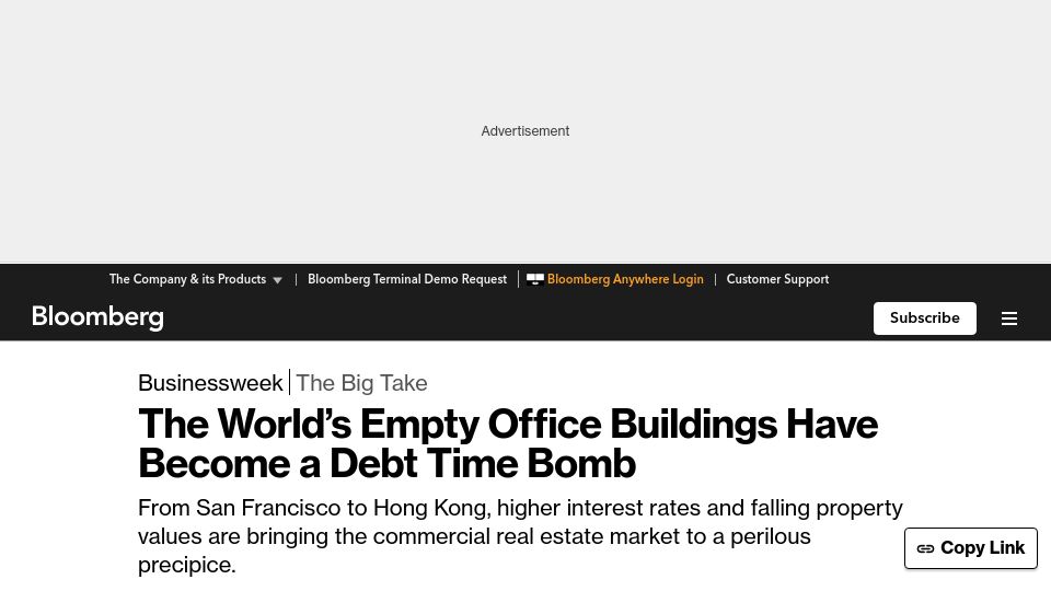 Screenshot of bloomberg.com: The World’s Empty Office Buildings Have Become a Debt Time Bomb